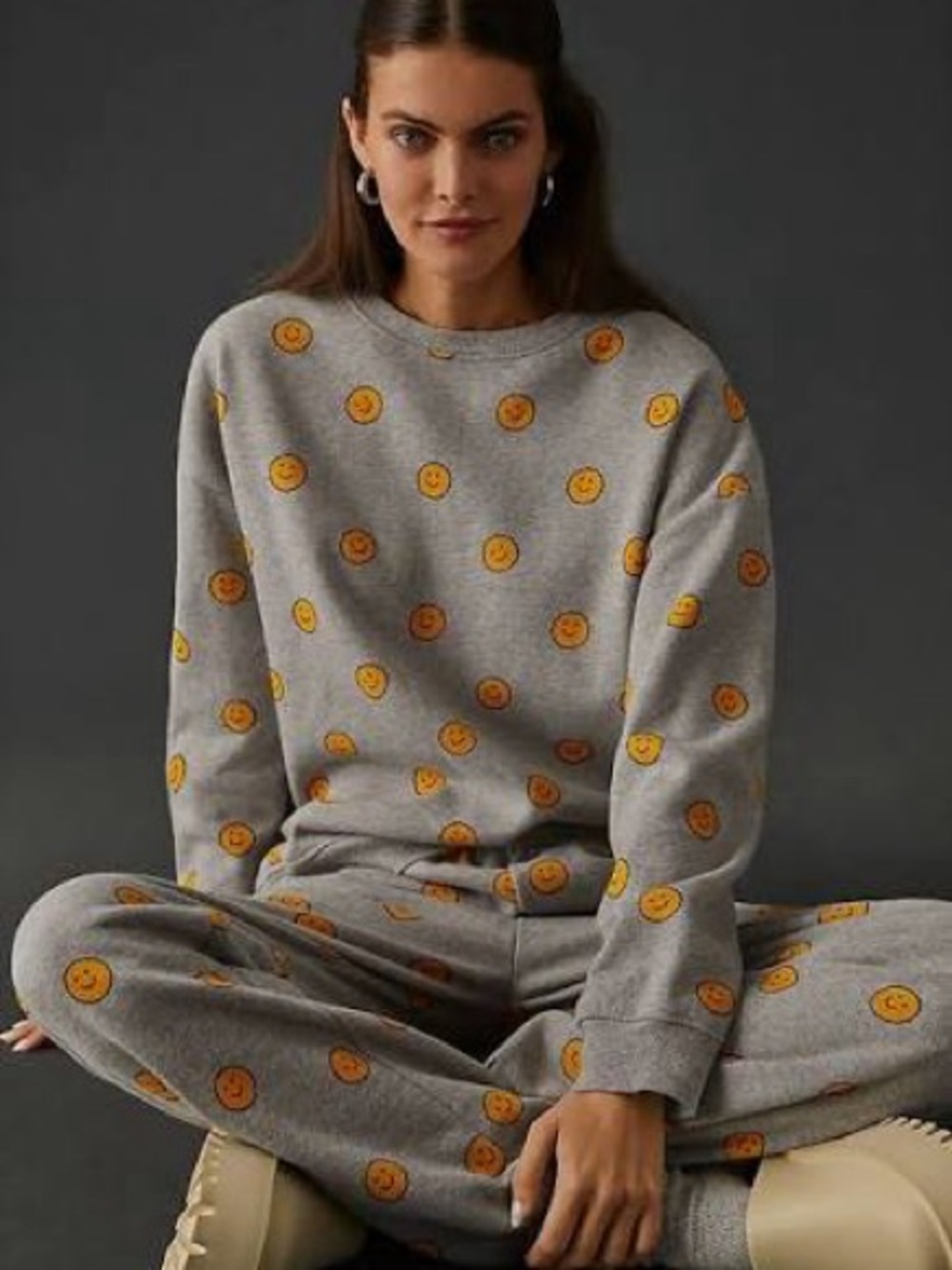 KULE Gray Smiley Print Crewneck Sweater